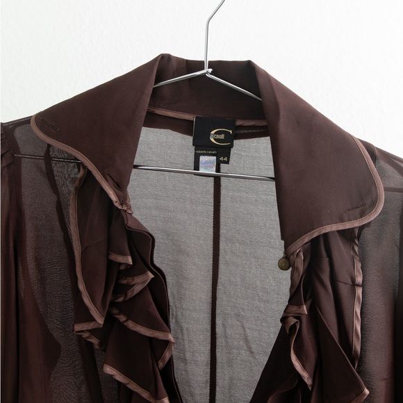ROBERTO CAVALLI Ruffle Trim Blouse in Brown SZ 44 or 10 US - Picture 3 of 4